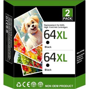 64XL Black Ink Cartridge High-Yield (2 Pack) for HP Ink 64 for HP 64XL Black Ink Cartridge Works with Envy Photo 6220 6252 6255 7120 7155 7158 7820 7830 7855 7858 Tango Tango X Tango Terra | N9J92AN