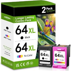 64XL Ink Cartridges Black/Tri-Color Combo Pack (2-Pack, Black/Tri-Color) Replacement for HP 64XL 64 Ink for Envy Inspire 7255e 7955e 7958e 7900e Envy Photo 7855 7858 7800 7100 7155 6255 7164 Printer
