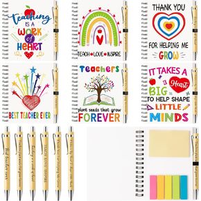 ANGOLIO 12Pcs Teacher Appreciation Gift Bulk Thank You Gifts Inspirational Spiral Notebook with Sticky Notepad Motivational Bamboo Pens for Teacher's Day Appreciation Supplies School Office Supplies