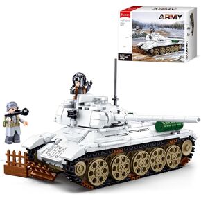 WW2 Army Tank, Inspired T34-85 Medium Tank Brick Building Set, Military Model Toy Kits, 2 Soldier Minifigures, Gifts for 7 8 9 10 11 12 Year Old Kids, Compatible with Lego Army, 518 PCS