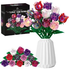 Colorful Rose Flower Bouquet Building Set, Botanical Collection Artificial Plant Compatible with Lego, Home Decor, Birthday Mother's Day for Her Him Adult