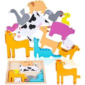 Lovestown 12pcs ألغاز تكديس خشبية ، ألعاب تعليمية للحيوانات Sean Animal Muzzles for Kids