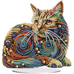 Eiflow Tabletop Diamonds Painting Kit Animal Ornament, 7.4x7.4inch Stand Up Diamond Art Kit for Adults Cat, DIY Special Gem Painting Desk Placement Board Kit