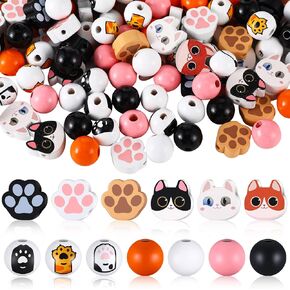 200 PCS Cat Paw Beads Cute Pet Cat Patterns Beads Wood Beads Strable Backed Black White Round Beads Wooden Pattern Spacer Beads Beads Lock of Jewelry Making DIY Home Party