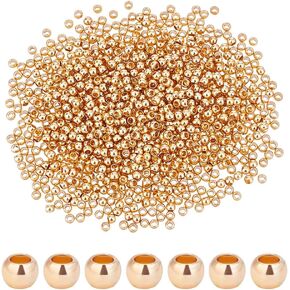PH PandaHall 1000pcs 2mm 14K Gold Plated Brass Beads Long-Lasting Round Smooth Spacer Beads Seamless Loose Ball Beads Gold Metal Beads for Summer Hawaii Necklaces, Bracelets, Earring Making