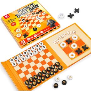 Coogam Magnetic Travel Chess Board Game, 3 in 1 Tic-Tac-Toe Checkers Set, Indoor Outdoor Activity Travel Toy Gift for Family Friends Party Favor