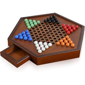 Chinese Checkers 15" x 13" Large Wooden Checkers Board Game Includes 16mm 60+12 Colorful Glass Marbles,Classic Strategy Family Board Game for Adult,Walnut
