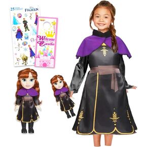 Disney Frozen Anna Doll and Dress Set - Bundle of 14" Doll & Matching Full Size Girls 4-6X Anna Dress for Pretend Play Dress-Up Plus Stickers