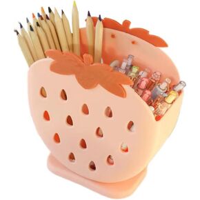 Cute Strawberry Shaped Pen Holder Desk Organizer with 2 Compartments Pink Pencil Holder Makeup Brush Storage for Office Desk Organization Home Decor for Women