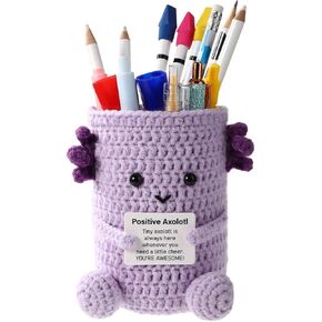 Positive Crocheted Axolotl Pen Holder, Creative Emotional Support Axolotl Crochet Pen Holder with Inspirational Card for Holding Pen Pencil Stationery Makeup Brushes(Purple)