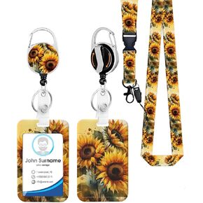Sunflower Design with ID Badger Holder Teacher Lanyard Work Badge with Belt Clip Keychain Necklace Retractable Keychain Heavy Duty Reel Clip Vertical ID Card Protective Case