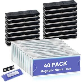 20 Pack Magnetic Name Tags Kit, 1.2"*3" Magnetic Badge Holders with 3 Strong Magnets, Clear Acrylic Mini Sign Display Holder and Blank Printable Paper, Name Label for Business Events School Office