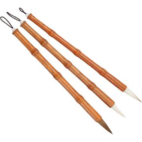 PATIKIL Calligraphy Brush, 3 Pack Watercolor Ink Painting Calligraphy Writing Brush Drawing Art Sumi-e Brush Wood Handle for Beginner 3 Size Kit, Brown