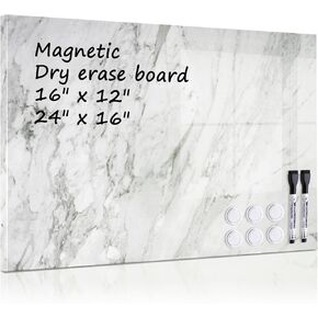 Dry Erase Magnetic Board - 24'' x 16'' Decorative White Marble Wall Board
