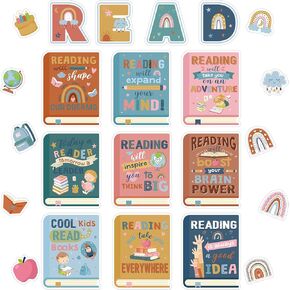 Patelai 23 Pcs Reading Classroom Decorations Reading Bulletin Board Set Reading Poster for Teachers Classroom Reading Banner and Poster Reading Wall Decor for Preschool Elementary Library (Boho)
