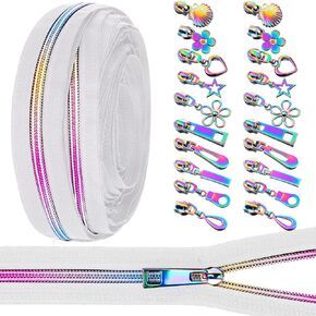 Zeyune #5 Rainbow Zipper Tape by The Yard 10 Yards Rainbow Teeth Nylon Zipper with 20 Pcs Colorful Metal Slider Pulls (10 Styles) for DIY Sewing Tailor Crafts (Black)