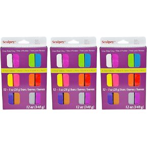 Sculpey III Brights 12 قطعة من الطين بخبز فرن متعدد القطاعات - يستخدم لإنشاء ديكور المنزل والتماثيل ، وأكثر من 12 أوقية ، حزمة 3