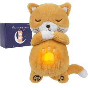 Soothing Breathing Cat Stuffed Animal, Soothe Snuggle Cat Plush with Battery for Anxiety Adults and Kids, Sleeping Cat Plushies with Realistic Breathing Motion and Lights Music (Yellow)