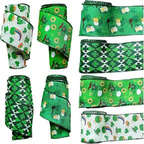 20 Yards St. Patrick's Day Wired Edge Ribbon Green Shamrock Craft Ribbon Irish Fabric Ribbon Roll for Bow Wreath Wrap Spring Holiday Home Decor, 2.5 in, 4 Rolls