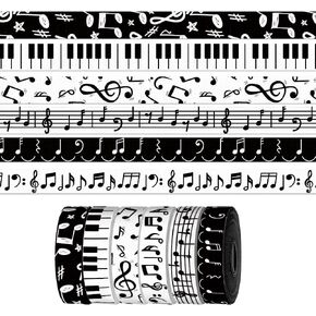 6 Pcs × 4 Yards Music Notes Ribbon for Crafting Sewing, 3/8 Inch Black White Grosgrain Ribbons for Gift Wrapping, Piano Music Score Ribbons for Hair Bow Accessories