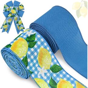 2 Rolls 20 Yards Lemon Wired Edge Ribbon Yellow Summer Fruit Flower Printed Fabric Ribbon for Baby Shower Birthday for Gift Wrapping Wreath Bow Making Craft Supplies (Yellow)