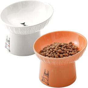 AOMRYOM 6.5 Inch Extra Wide Tilted Elevated Ceramic Cat Bowls, Raised Food and Water Bowl Set for Elder Big Cats & Small Dogs, Whisker Fatigue, Lead & Cadmium Free, White and Pink