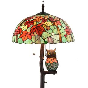 Bieye L10841 Maple Tree Leaves Tiffany Style Stained Glass Floor Lamp with 18 inches Wide Lampshade, Owl Side Lamp, 4-Light, 65 inches Tall