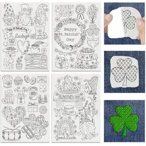 INFUNLY 48pcs St. Patrick's Day Water Soluble Stabilizer 4 Sheets Self Adhesive Washable Stabilizer with Pre-Printed Gnomes Lucky Clovers Hand Sewing Stabilizer Love Graphic Embroidery for Clothing