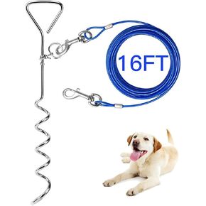 EvilplanDog Tie Out Cable and Stake, 16ft Outside Dog Leash&Chain for Camping and Yard, 16'' Heavy Duty Anti Rust Spiral Stake for Medium-Large Dogs Up to 125 lbs