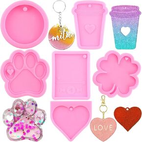 Resin Keychain Molds Resin Silicone Mold Bear Paw Dog Bone Round, Heart MP3 Keychain Mold for DIY Crafts Jewelry Making Set of 6
