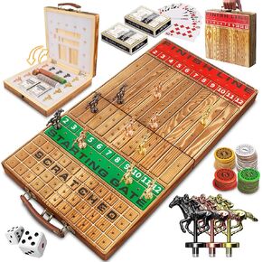 Horse Racing Game, Foldable Solid Wood Horse Games, Horse Race Board Game with 11 Metal Race Horses, Two Dice and Two Boxes of Cards, 2 in 1 Folding Horse Race Board (Folding Version)