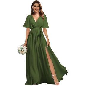 Flutter Sleeve Chiffon Bridesmaid Dresses Long with Pockets Slit V Neck Formal Dress for Women