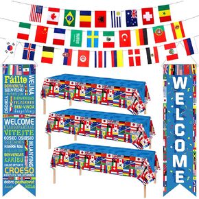 6PCS International World Flags Banner Decorations International Flags Welcome Porch Banner Tablecover and 30 Counties String Flag for Olympic School Classroom Soccer Bar Sports Clubs Party Decorations