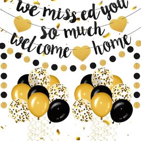 Welcome Home Decorations Welcome Home We Missed You So Much Banner Glitter Garland and Balloons Family Housewarming Party Supplies Military Army Welcome Back Party Decor(Red)