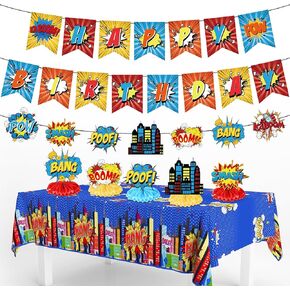 Hero Party Decoration Hero Happy Birthday Banner Hero Honeycomb Centerpieces and Cityscape Buildings Tablecloth Fun Action Sign Hero Comics Style Supplies for Birthday Party Baby Shower Decor