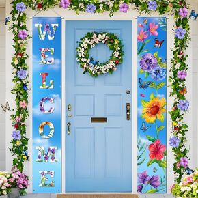Welcome Spring Door Banner Decorations Butterfly Flower Welcome Porch Banner Sign Welcome Summer Hanging Banner for Front Door Spring and Summer Seasonal Welcome Holiday Party Indoor Outdoor Decor