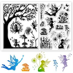 CHGCRAFT Butterfly Fairy Clear Stamps Elves Butterfly Plants Background Transparent Silicone Stamps for Cards Making DIY Scrapbook Decoration 8.3x5.8inch