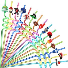 15Pcs Football Theme Straws, Football Party Favors Drinking Straws Decorations Supplies Reusable Straws for Football Birthday Party