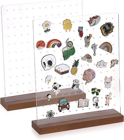 JUXYES Pack of 2 Clear Acrylic Enamel Pin Display Stand with Walnut Base, Tabletop Pin Organizer Display Storage Stand, Enamel Pin Display Holder for Award Badges Pins Collectible, hold Up To 132 Pins in Kuwait