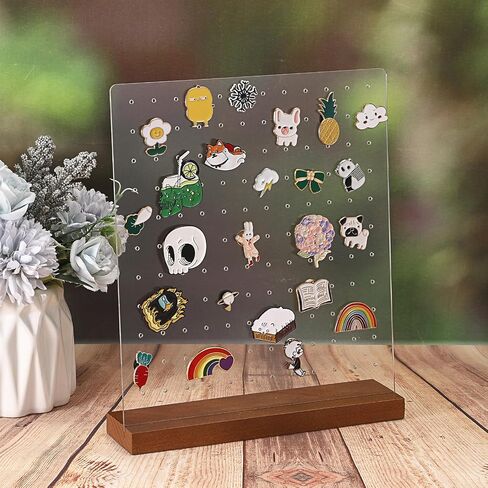 JUXYES Pack of 2 Clear Acrylic Enamel Pin Display Stand with Walnut Base, Tabletop Pin Organizer Display Storage Stand, Enamel Pin Display Holder for Award Badges Pins Collectible, hold Up To 132 Pins in Kuwait