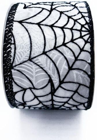 متجر المصمم Halloween Wired Edge Ribbon 2.5 "× 10 ياردة لصياغة DIY ، ديكور المنزل (Spider Web- Black-White) WR 63-5113 Web Black Spider على شريط الساتان الأبيض in Kuwait