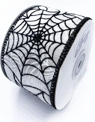 متجر المصمم Halloween Wired Edge Ribbon 2.5 "× 10 ياردة لصياغة DIY ، ديكور المنزل (Spider Web- Black-White) WR 63-5113 Web Black Spider على شريط الساتان الأبيض in Kuwait