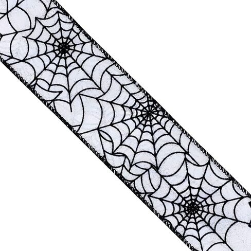 متجر المصمم Halloween Wired Edge Ribbon 2.5 "× 10 ياردة لصياغة DIY ، ديكور المنزل (Spider Web- Black-White) WR 63-5113 Web Black Spider على شريط الساتان الأبيض in Kuwait