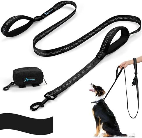 PuppyDoggy Dog Leash for Large Medium Dogs 6Ft x 1" Reflective Stitching Large Leash 2 Traffic Padded Handles Dog Leash with 1 Piece Poop Bag Dispenser Holder for Running Walking Training (All Black) in Saudi Arabia