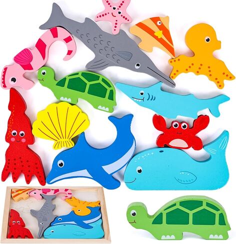 LovesTown 12PCS Wooden Stacking Puzzles, Educational Toys Sea Animal Chunky Jigsaw Puzzles for Kids in Kuwait