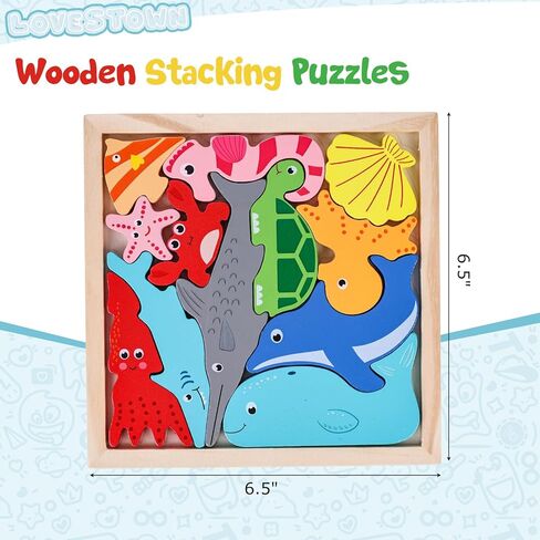 LovesTown 12PCS Wooden Stacking Puzzles, Educational Toys Sea Animal Chunky Jigsaw Puzzles for Kids in Kuwait