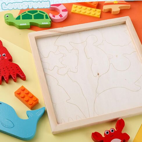 LovesTown 12PCS Wooden Stacking Puzzles, Educational Toys Sea Animal Chunky Jigsaw Puzzles for Kids in Kuwait