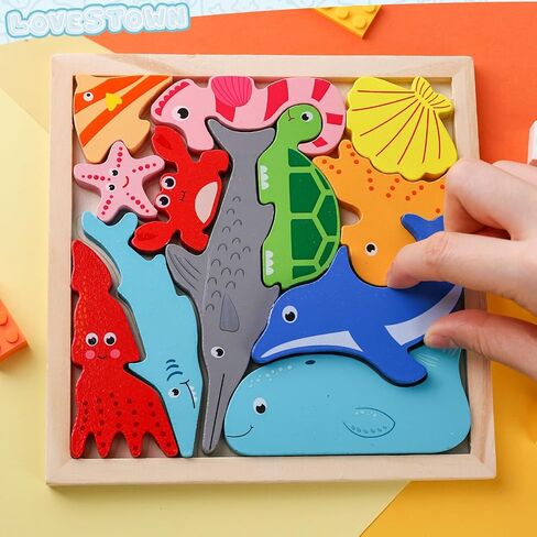 LovesTown 12PCS Wooden Stacking Puzzles, Educational Toys Sea Animal Chunky Jigsaw Puzzles for Kids in Kuwait