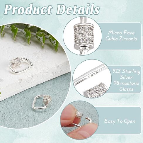 PH PandaHall 925 Sterling Silver Oval Screw Lock Charms 2pcs Carabiner Lock Clip Silver Cubic Rhinestones Screw Necklace Link Connector Snap Clip Hook Clasp for Bracelet Keychain Jewelry Making in Saudi Arabia