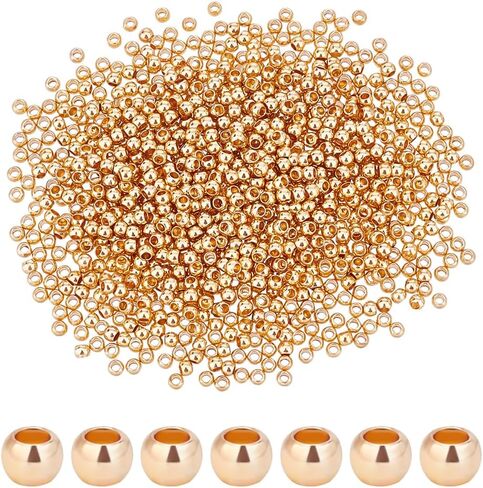 PH Pandahall 1000pcs 2mm 14k حبات النحاس المطلي بالذهب المطلي بالذهب طويل الأمد حبات الفواصل السلس سلسة حبات الكرة الفضفاضة من قلادات هاواي الصيفية ، والأساور ، وصنع القرط in Saudi Arabia